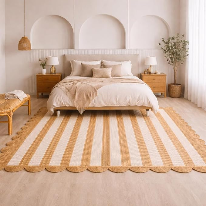 HOMEMONDE Scalloped Jute Area Rug 8'x10' Natural Stripe - Boho Home Décor Farmhouse Style Eco-Fr... | Amazon (US)