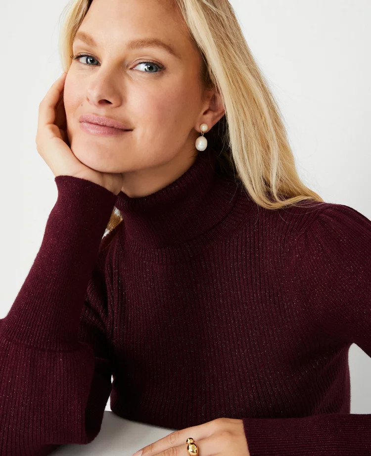 Petite Sparkle Turtleneck Balloon Sleeve Sweater | Ann Taylor (US)
