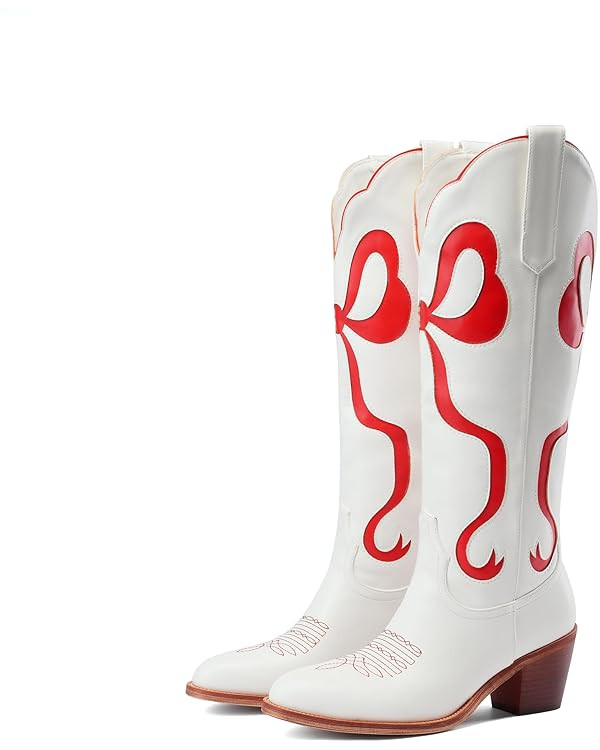 Women's White Cowgirl Boots with Bow Knee High Cowboy Boots Almond Round Toe Chunky Heel Embroide... | Amazon (US)