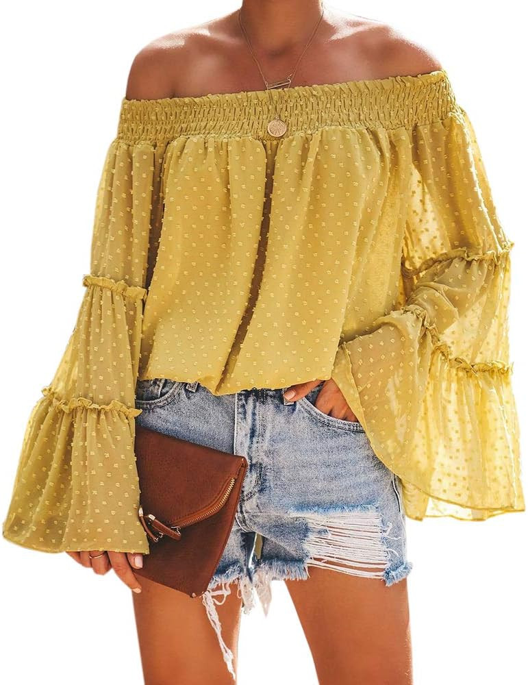 Beautife Womens Summer Off The Shoulder Shirts Casual Chiffon Long Bell Sleeve T Shirt Blouses | Amazon (US)
