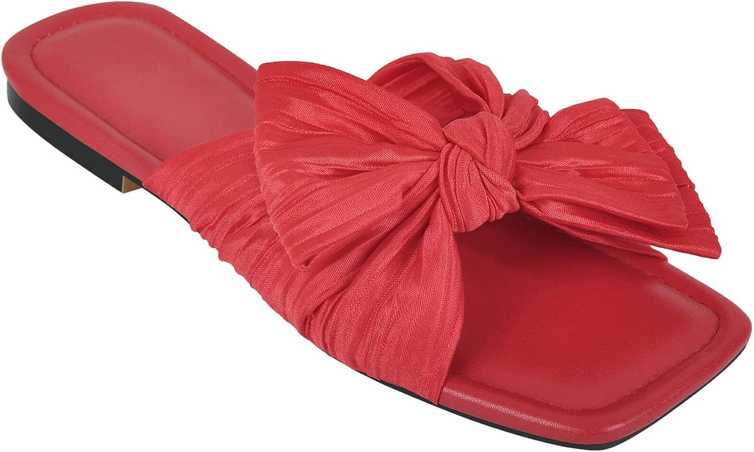 Womens Slip on Flat Sandals Square Open Toe Summer Pleated Bows Slides Dressy Sandals | Amazon (US)