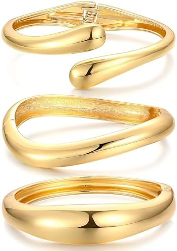Chunky Bangle Bracelets for Women, Dainty 14k Gold Plated Big Stackable Bangles Set, Trendy State... | Amazon (US)