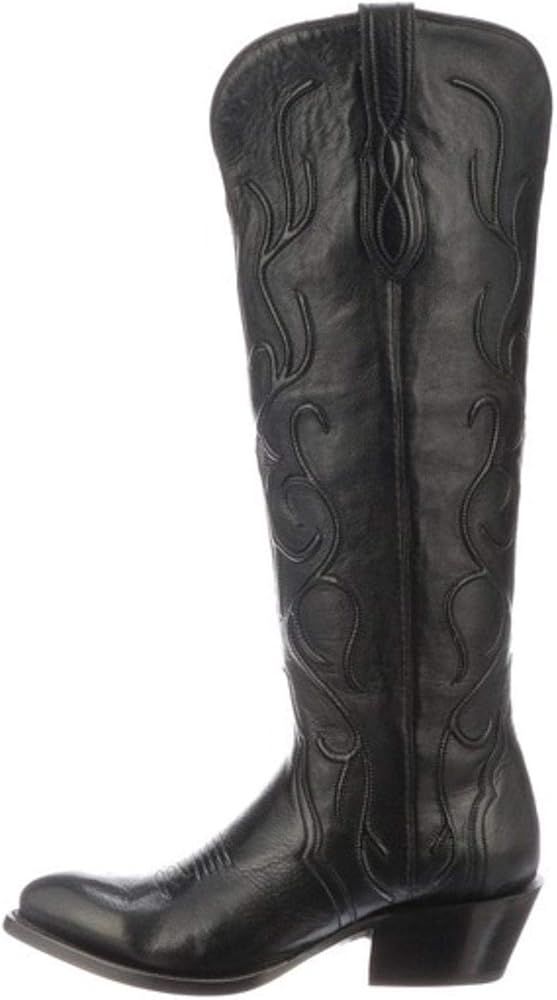 Lucchese Womens Peri Tall Shaft Tooled-Inlay Round Toe Dress Boots Mid Calf Low Heel 1-2" - Black | Amazon (US)