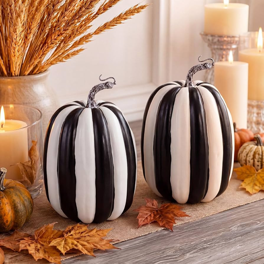 SiliFine 2 Pcs Large Faux Foam Pumpkins, 8.6 Inch Black and White Striped Artificial Pumpkins for... | Amazon (US)