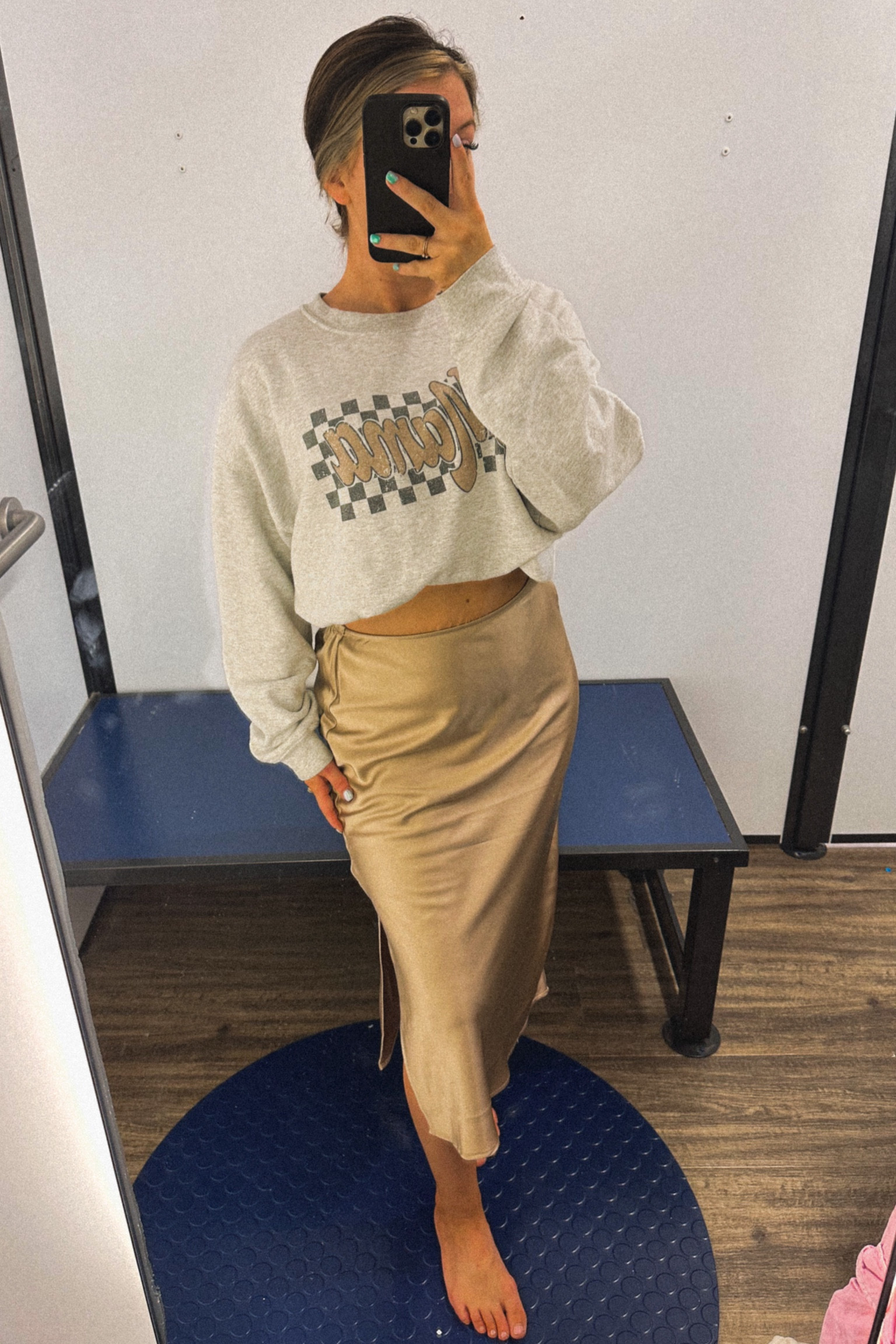 This satin skirt is so sexy but yet so comfortable! I paired it with a tucked sweatshirt (because that's what I had on) but I would also pair with a graphic tshirt for a more casual look! I attached some from old navy below 🙂

I'm in a medium!

#LTKfindsunder50 #LTKmidsize #LTKstyletip