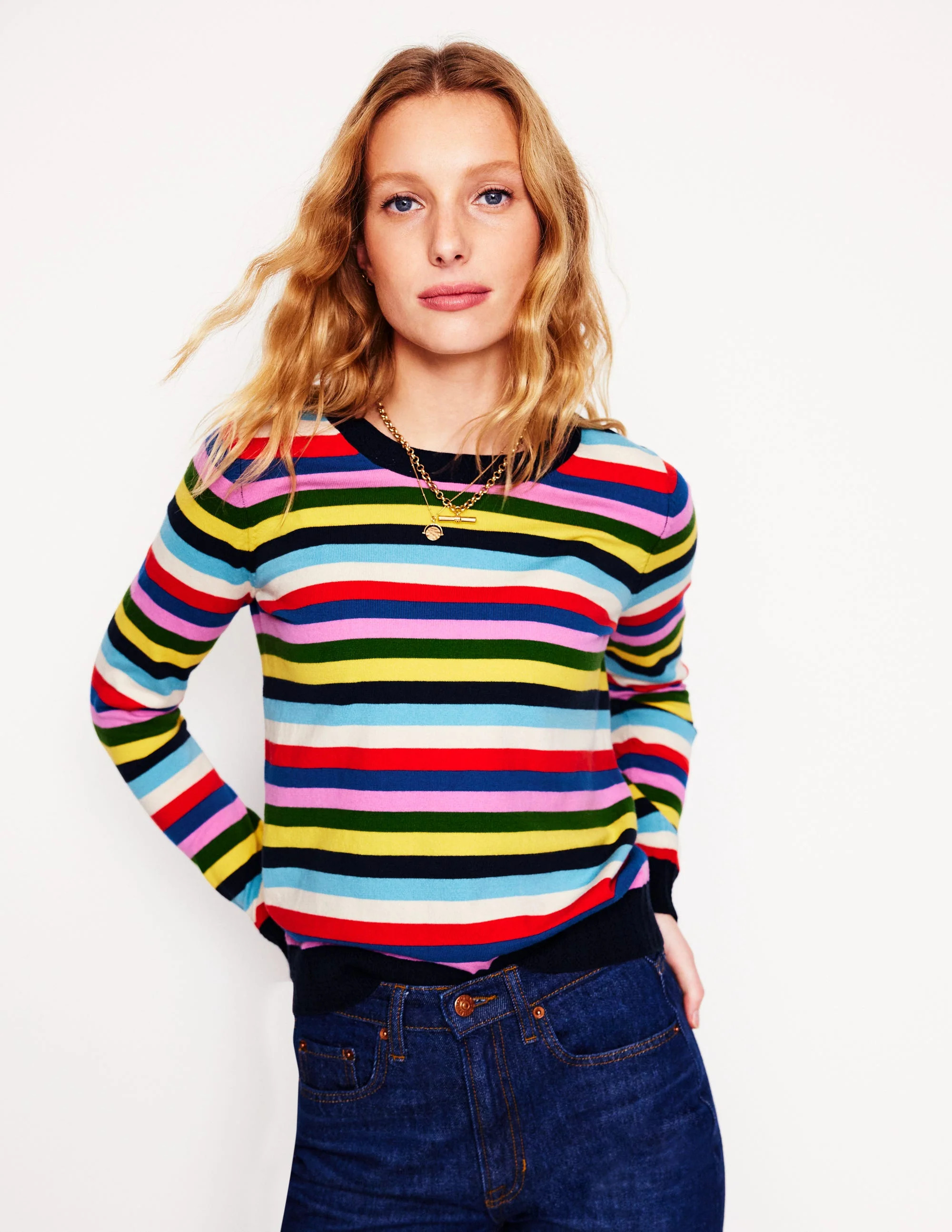 Emilia Cotton Crew Sweater-Poppy Red, Blue Multi | Boden (US)