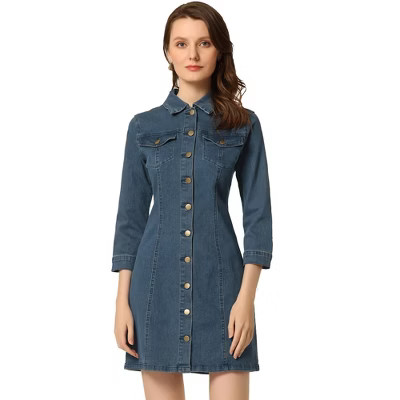 INSPIRE CHIC Women's 3/4 Sleeve Button Down Denim Shirt Dress Medium Mid Blue | Target