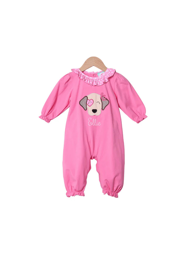 Applique Puppy Love Pink Polka Dot Knit Romper | The Smocked Flamingo