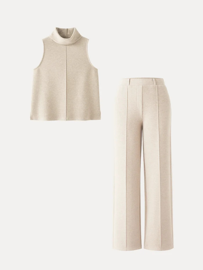 2Pcs Set Tall Turtle Neck Split Hem Top & High Waisted Warm Straight Leg Pull On Pant | OGLmove