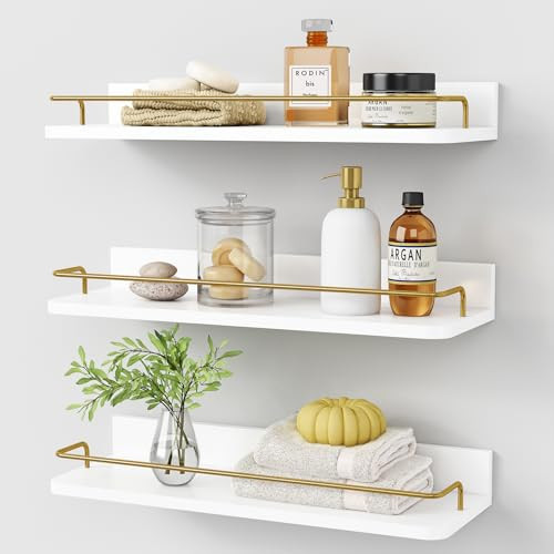Forbena Gold Floating Shelves for Wall Decor Set of 3, Bathroom Shelves Over Toilet, Modern Display Wall Shelf with Guard Rail for Living Room Bedroom Organizers and Storage - White and Gold | Amazon (US)