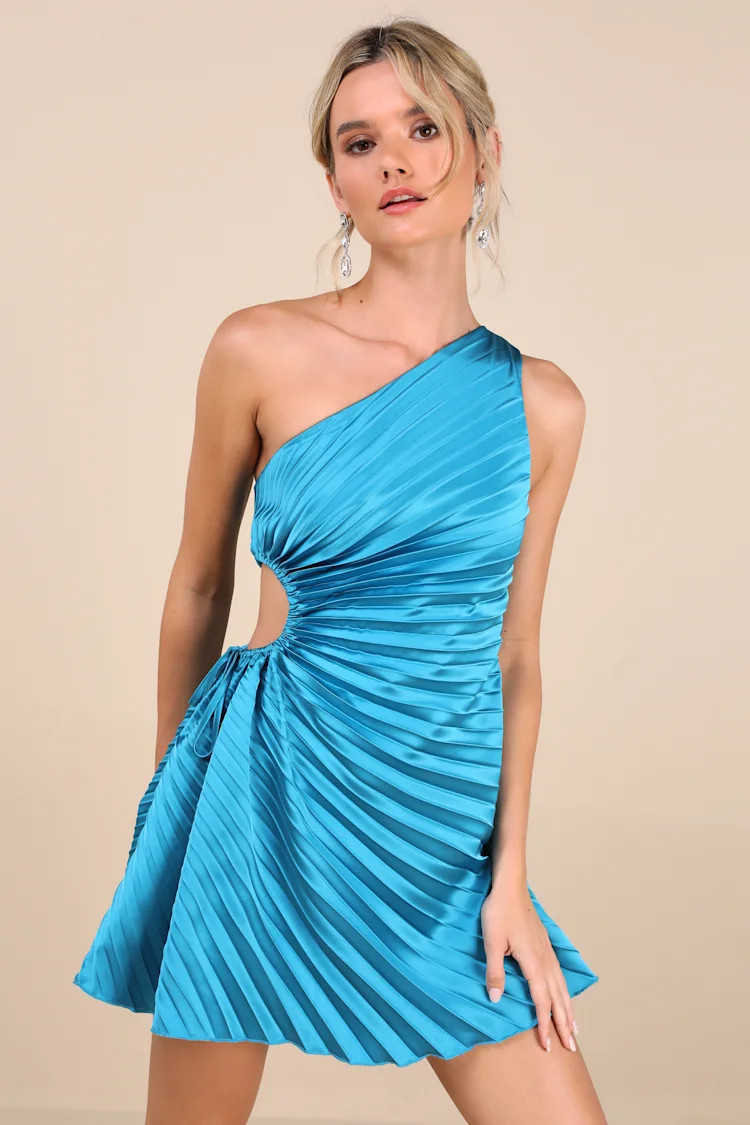 Constantly Poised Teal Satin Pleated One-Shoulder Mini Dress | Lulus
