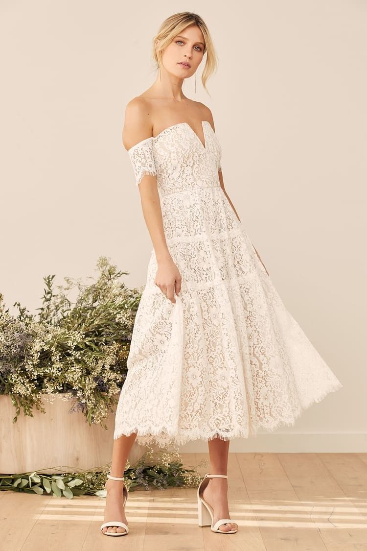 Absolutely Stunning White Lace Off-the-Shoulder Midi Dress - Rehearsal Dinner Dress | Lulus (US)