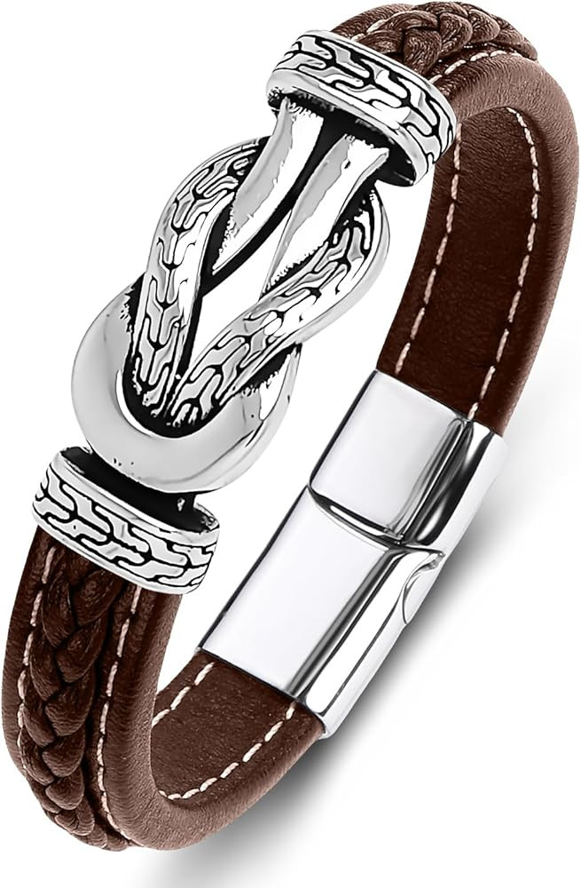 Men's Braided Leather Bracelet Wristband Cuff Bracelet for Men Gifts Stainless Steel Clasp | Amazon (US)