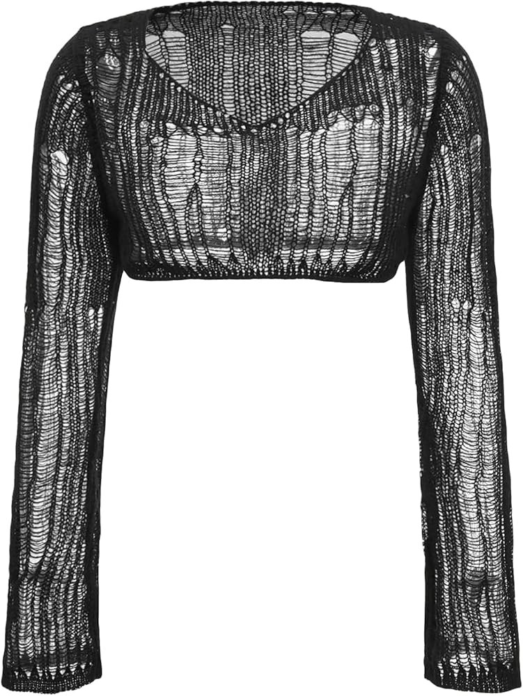 Verdusa Women's Hollow Out Sheer Long Sleeve Sweater Knit Crop Pullover Top | Amazon (US)
