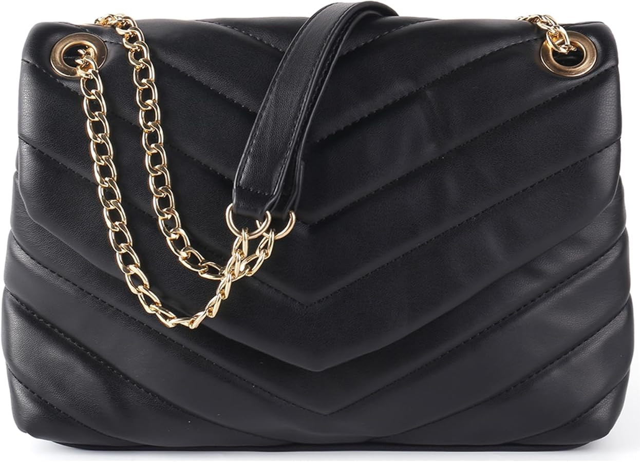 Quilted Crossbody Bag for Women, Soft Vegan Chevron Purses, Trendy Shoulder Handbags with Flap | Amazon (US)