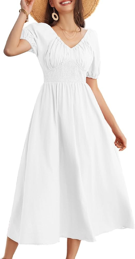 GRACE KARIN 2024 Women's Summer V Neck Smocked Cotton Dresses Short Puff Sleeve Flowy A Line Maxi... | Amazon (US)