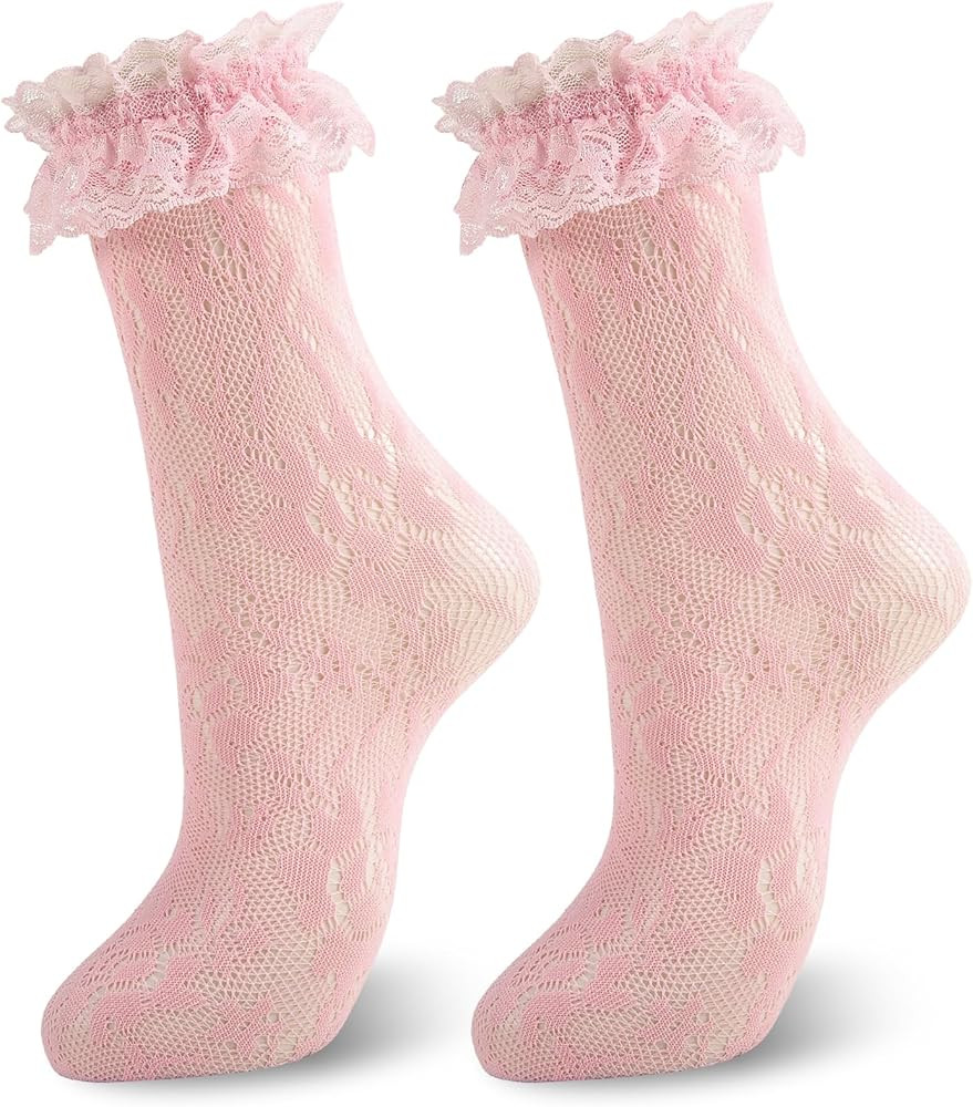 Womens Lace Ruffle Socks Frilly Dress Socks Sexy Mesh Lace Trim Lolita Sock Lacy Ruffled Boot Ank... | Amazon (US)