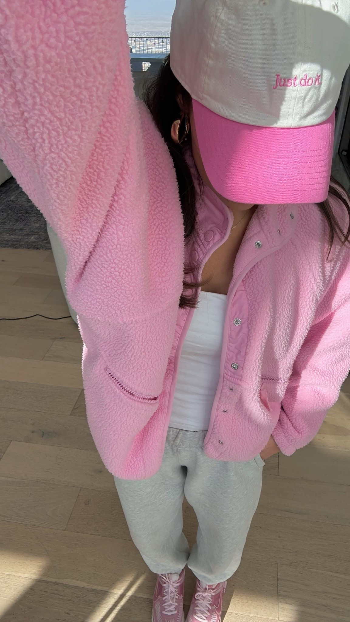 Pink fleece from @freepeople
Gray sweatpants from @abercrombie 
Pink sneakers from @nike

#LTKSeasonal #LTKdayinmylife #LTKootd