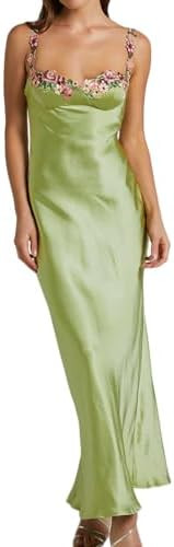 Sexy Satin Spaghetti Strap Floral Embroidered Maxi Dress for Women Sweetheart Neckline Backless S... | Amazon (US)