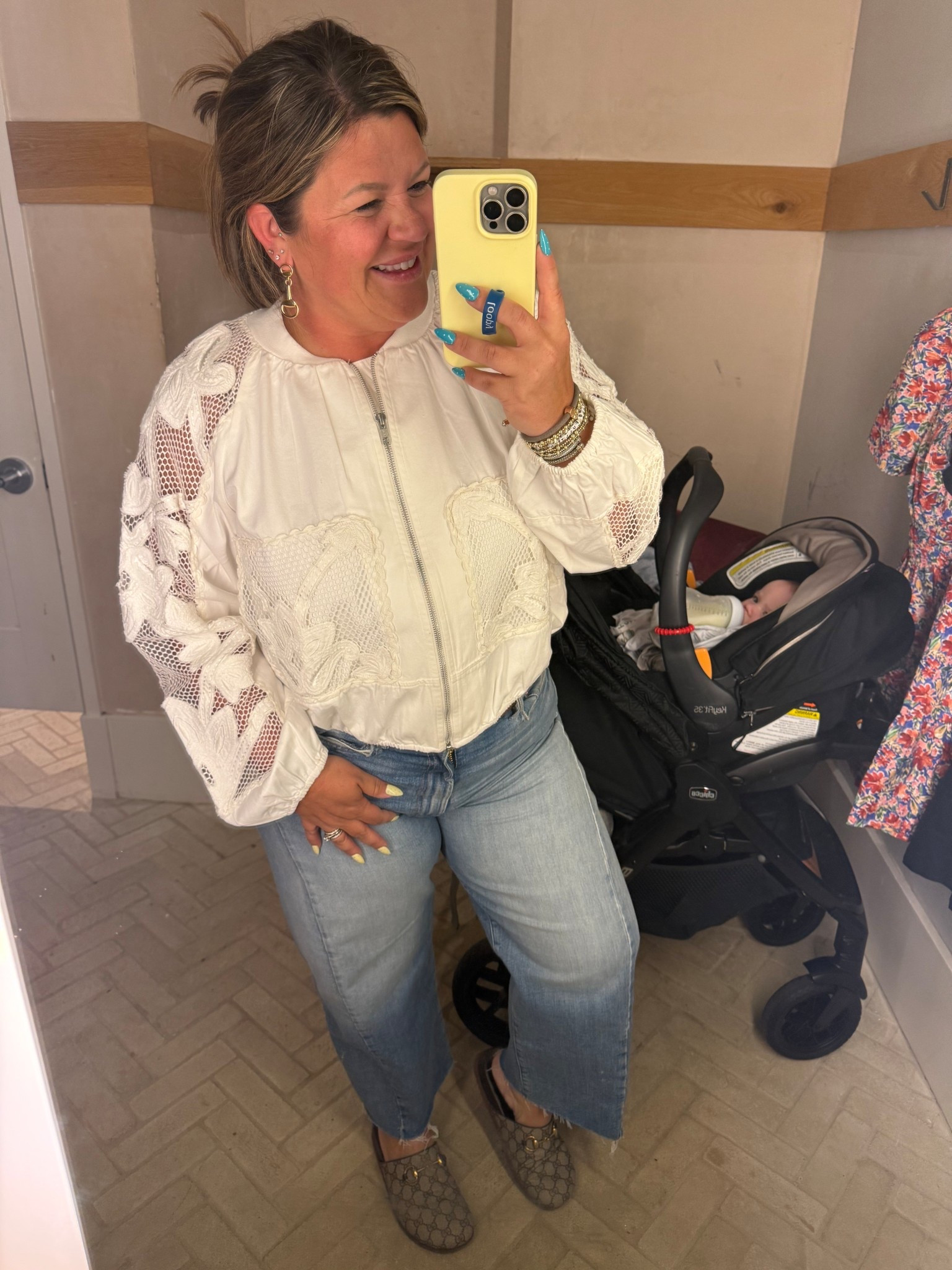 This jacket from Anthro is a 10/10. Sized down to a medium. 
Jeans tts Mother brand 
Gucci clogs are my #1 designer recommendation! 
Loopy case code Mstanfors