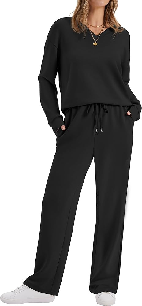 WIHOLL Two Piece Sets for Women V Neck Casual Matching Sets Loungewear Fall Clothes Travel Outfit... | Amazon (US)