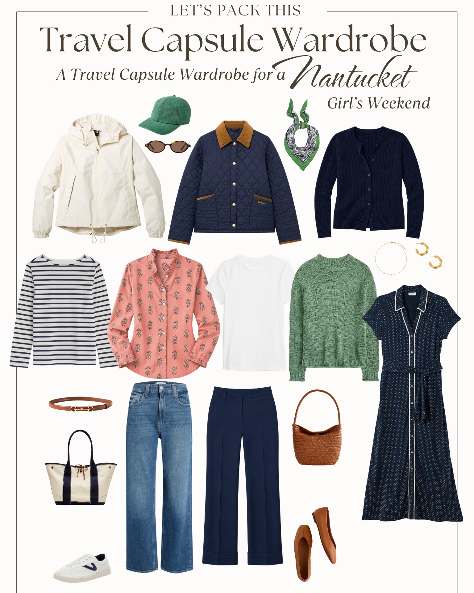 A September girls’ trip to Nantucket!

September on Nantucket is classic shoulder-season weather: expect daytime temperatures generally in the mid-60s to low 70s, with cooler mornings and evenings, coastal wind, and a chance of rain.

The style here leans classic coastal and polished casual - easy layers, comfortable shoes, and pieces that feel appropriate for everything from biking and sightseeing to lunch and dinner.

The outfit formulas cover downtown exploring, biking and lighthouse stops, sightseeing and lunch, casual dinners, and one nicer night out — without packing a separate outfit for every occasion.

Your Nantucket packing list:

4 tops — tee, Breton stripe, printed button-down + lightweight sweater
2 bottoms — jeans + navy trousers
1 midi dress
3 layers — cardigan, quilted jacket + rain shell
2 shoes — sneakers + flats
Accessories — scarf, cap, belt, bags + simple jewelry

The key to packing for Nantucket in September? Bring pieces you can layer as the weather changes and rewear across more than one outfit formula.

Not headed to Nantucket? This same coastal fall capsule would work beautifully for Martha’s Vineyard, Cape Cod, Newport, coastal Maine, or a New England coastal weekend — just adjust your layers to the forecast.

#LTKOver40 #LTKTravel