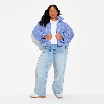Women's Bow Puffer Jacket - Wild Fable™ Blue Striped XXL | Target