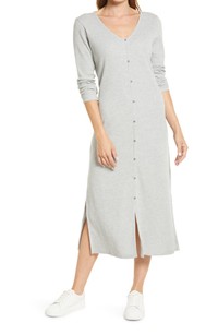 Click for more info about Ribbed Front Button Knit Organic Cotton Blend Midi Dress | Nordstrom