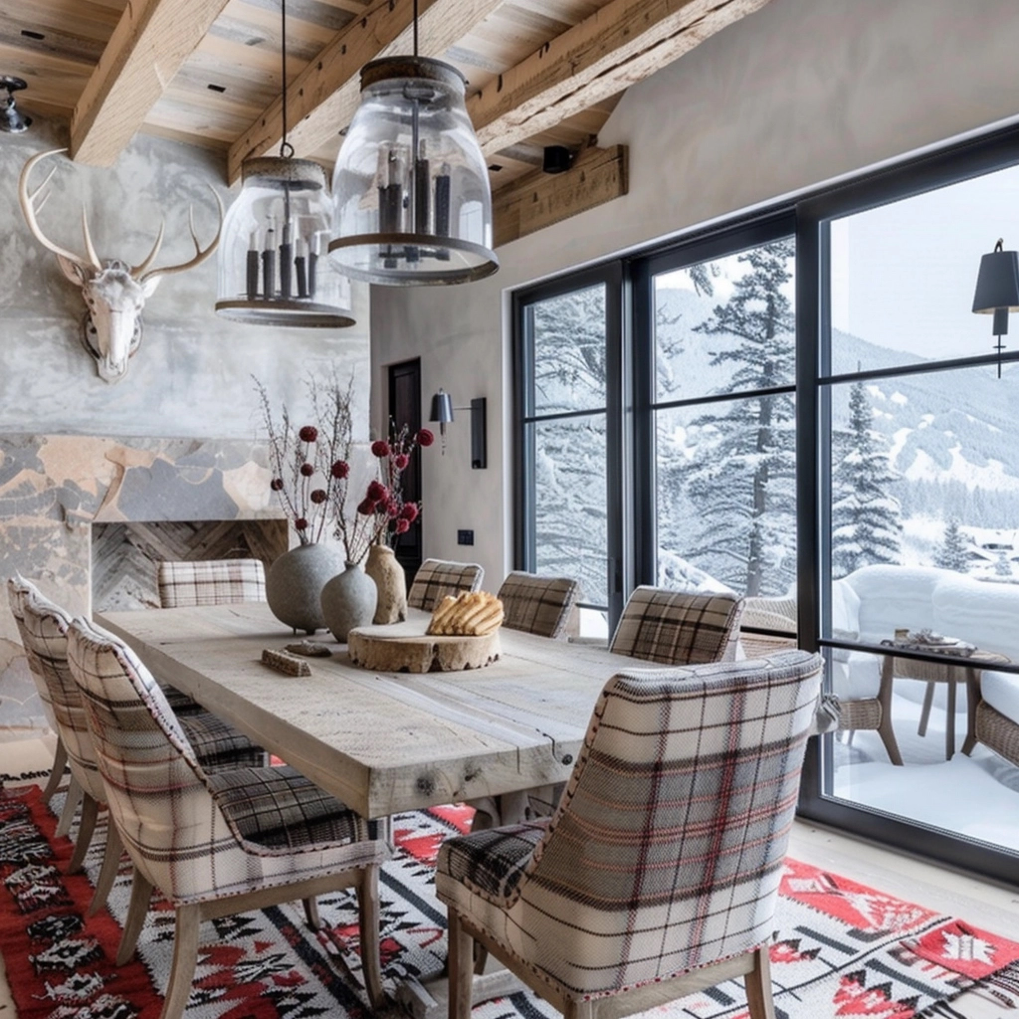 A rustic ski chalet style dining room with reds and neutrals, large kilim rug, reclaimed trestle dining table, wood dining table, plaid dining chairs, flannel chair, rustic modern, mountain modern, AI design, dining room ideas

#LTKhome #LTKsalealert #LTKstyletip