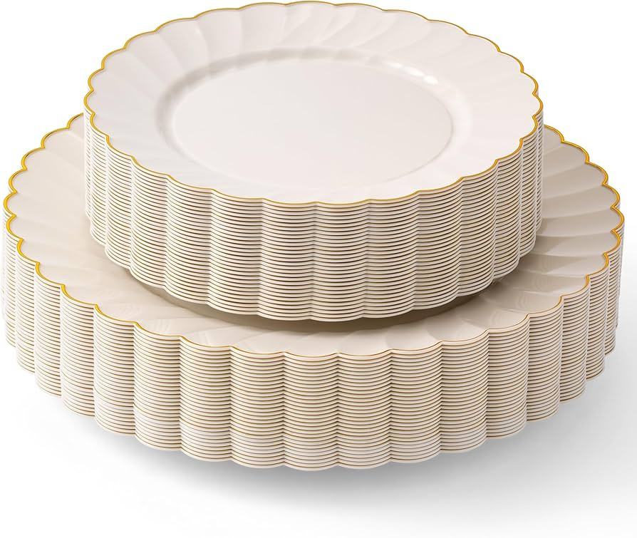 By Madee PREMIUM 60 Pc Ivory Scalloped Plastic Plates with Gold Trim – 30 Dinner & 30 Dessert N... | Amazon (US)