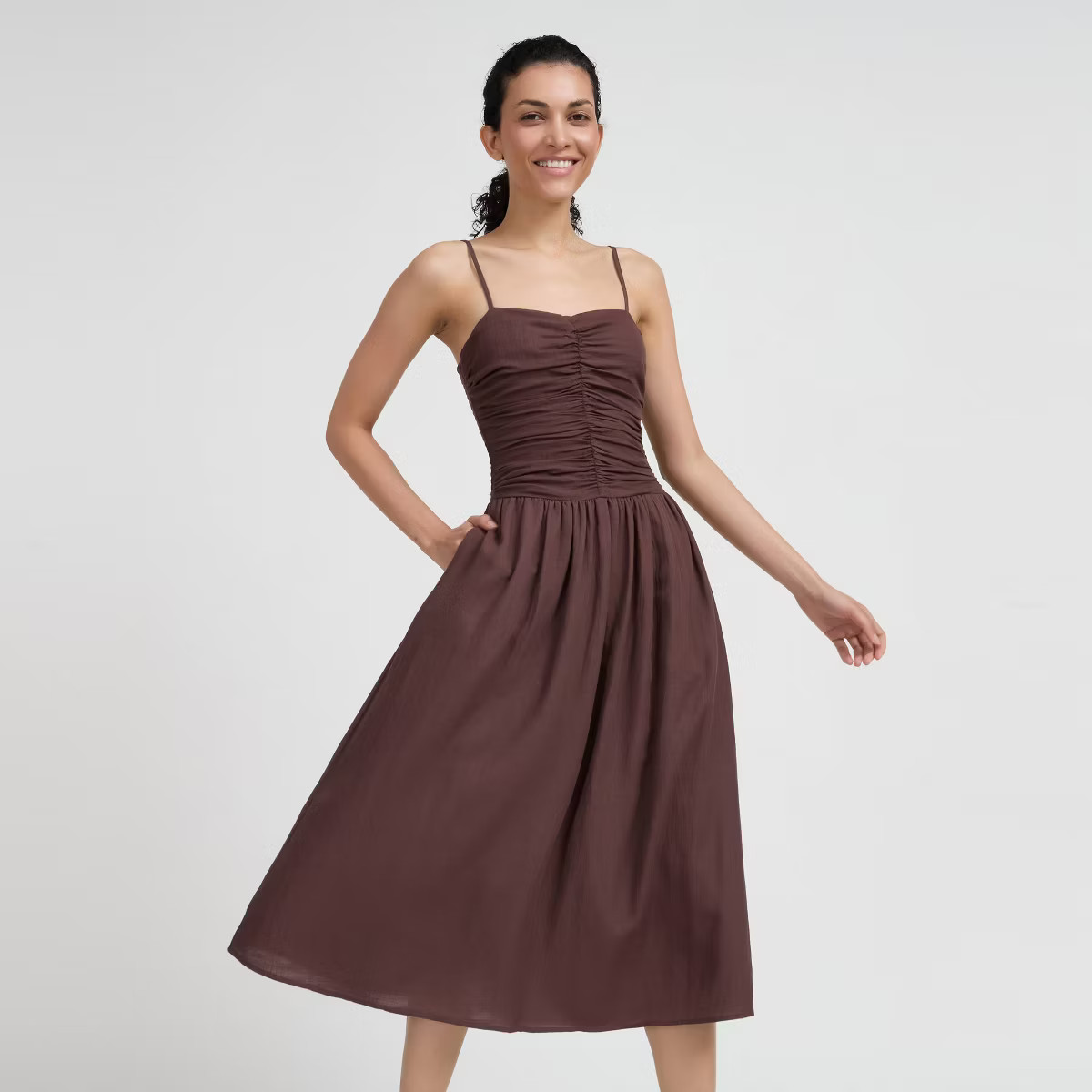 Women's Ruched Bodice Drop Waist Midi Dress - A New Day™ Brown M | Target