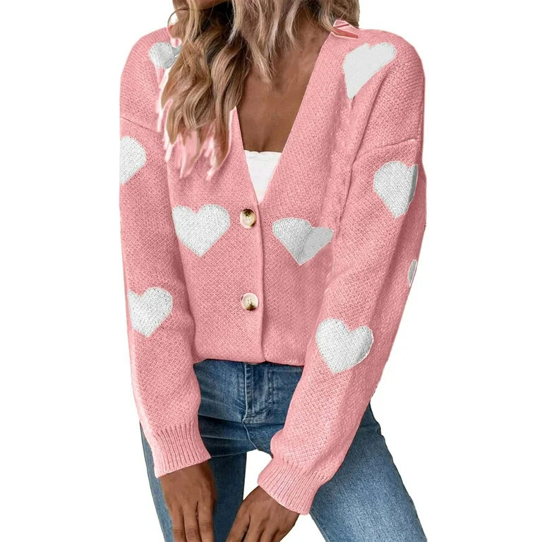 Lroveb Heart Cardigan for Women Valentines Day Sweater Cardigan Long Sleeve V Neck Button Up Knit... | Walmart (US)
