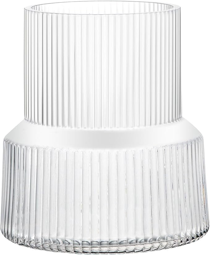 Tall Clear Glass Flower Vase - 8 Inch Cylinder High Wide Mouth Ribbed Fluted Bud Vase - Modern We... | Amazon (US)