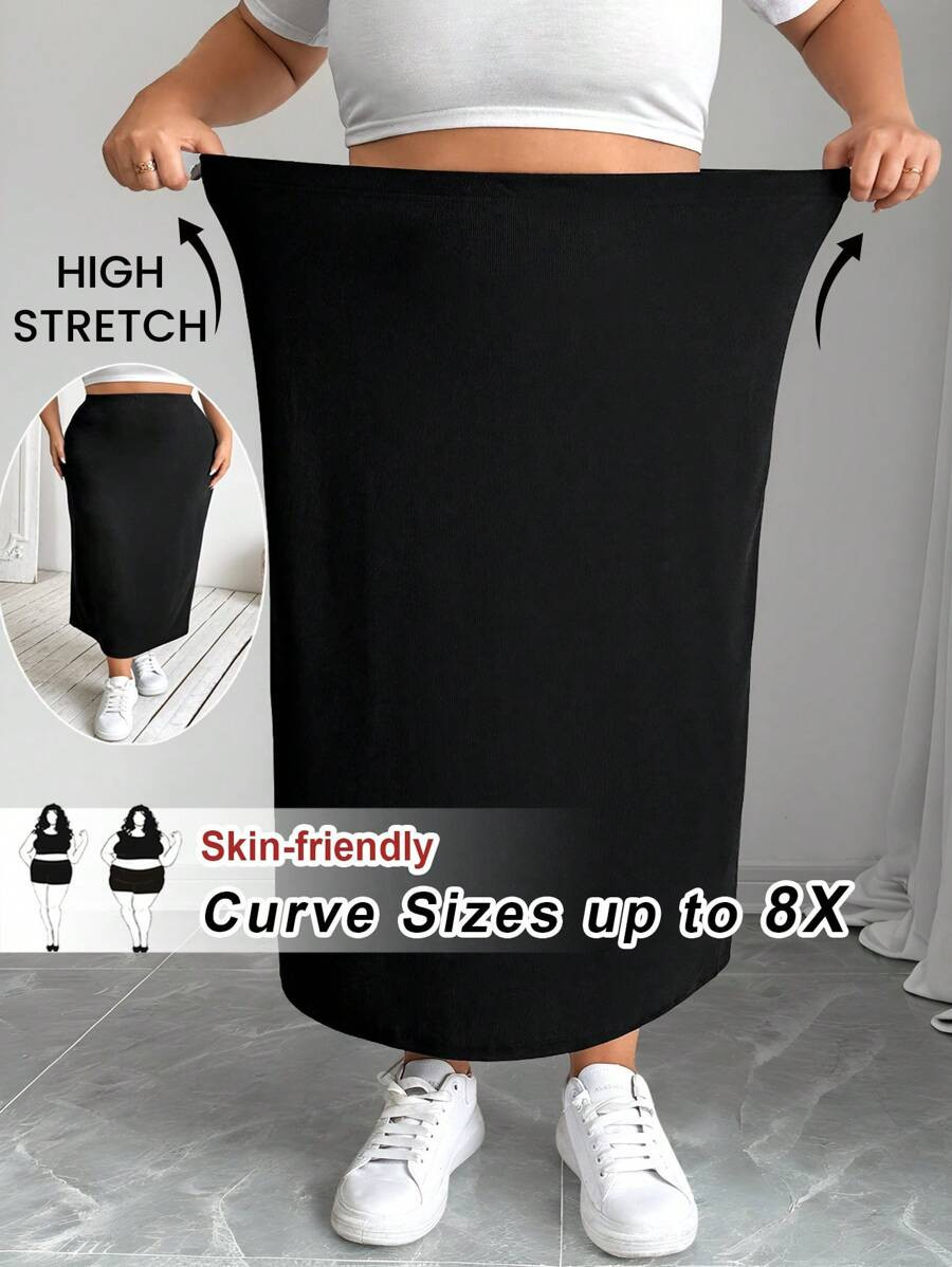 SHEIN CURVE+ Plus Size Women's Black Elastic Knitted Midi Pencil Skirt | SHEIN