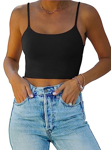 REORIA Women's Summer Sexy Sleeveless Adjustable Spaghetti Strap Cami Camisole Basic Fitted Seamless Yoga Cropped Tank Cute Crop Tops Black 2X-Large | Amazon (US)