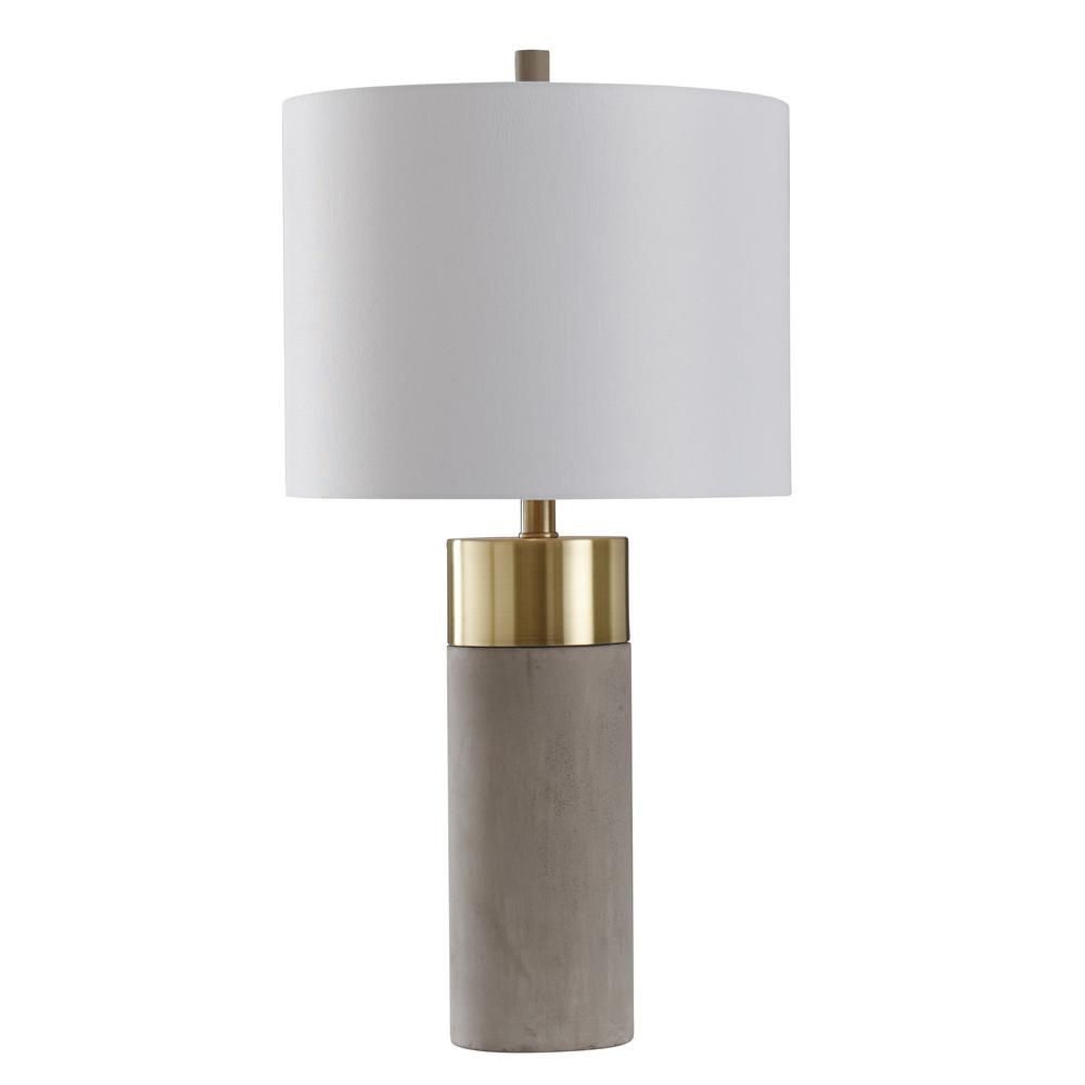 StyleCraft 27.75 in. Soft Brass/Natural Concrete Table Lamp with Brussels White Hardback Fabric S... | The Home Depot