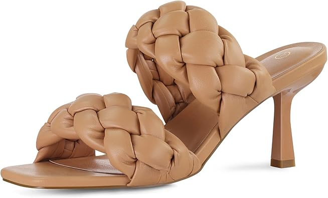mysoft Womens Braided Heeled Sandals Square Open Toe Slip On Kitten Heel Sandals | Amazon (US)