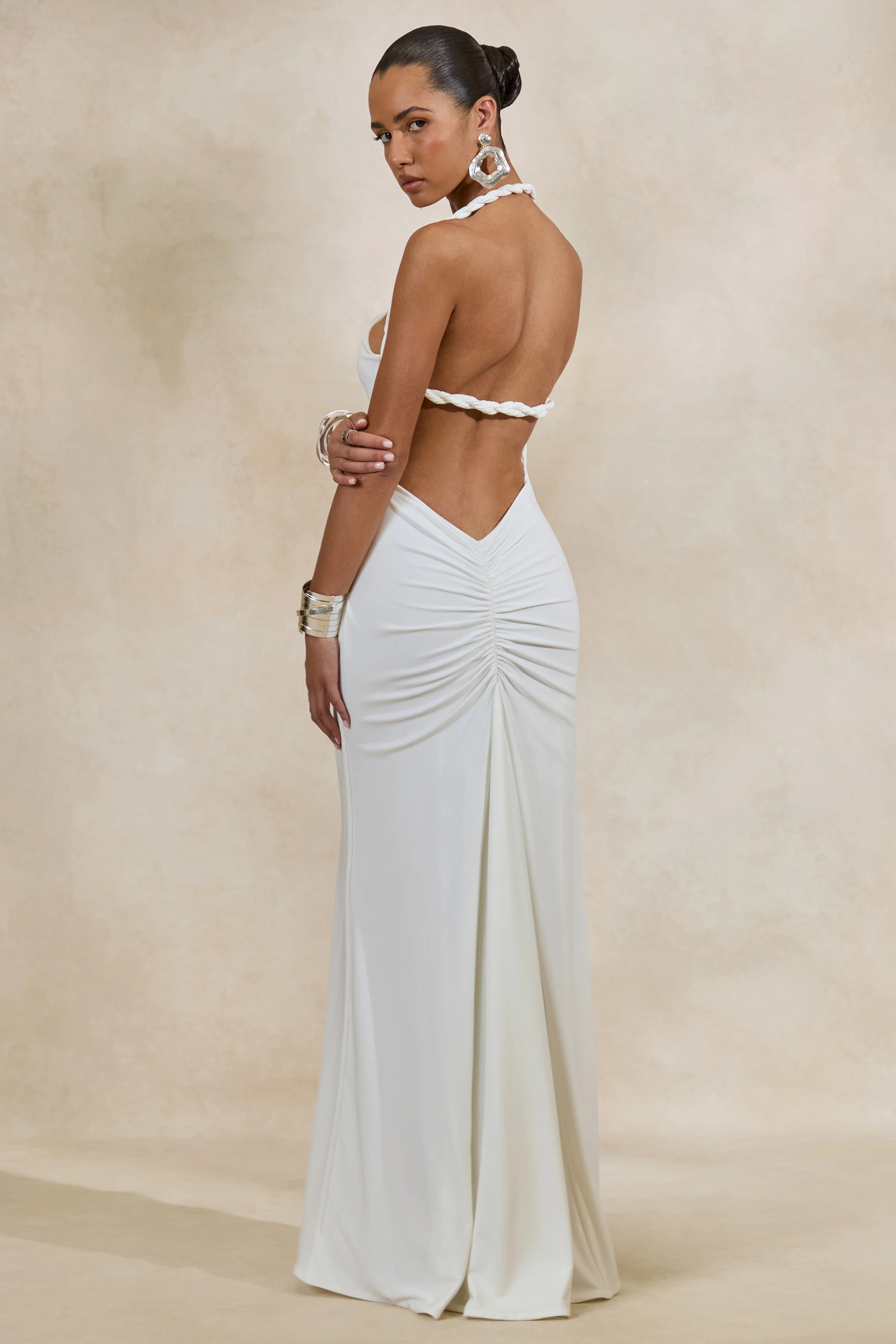 Elirae | White Asymmetric-Neck Maxi Dress With Twist Strap And Front H | Club L London