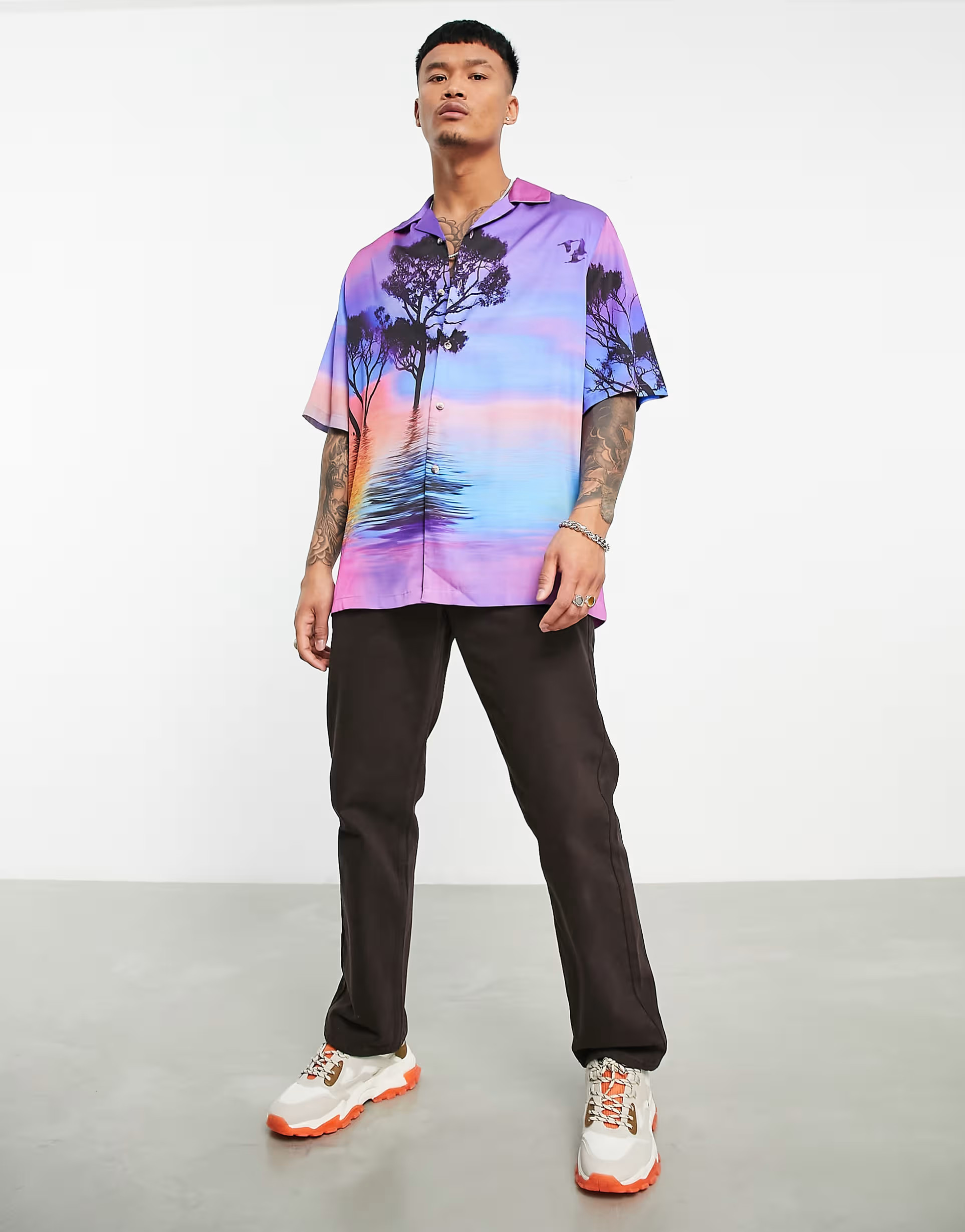 ASOS DESIGN relaxed revere satin shirt in scenic print | ASOS (Global)