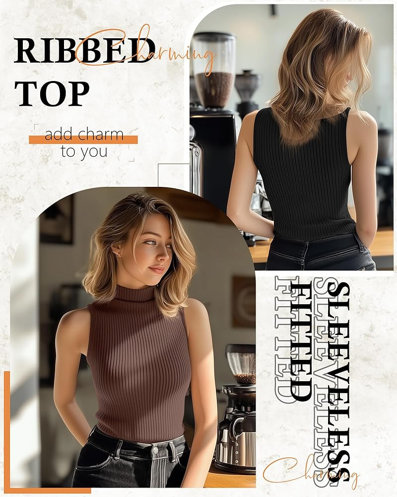 3 Pack Women's Sleeveless Mock Turtlenecks Shirts, Ribbed Stretch Slim Fitted Tank Top Basic Ligh... | Amazon (US)