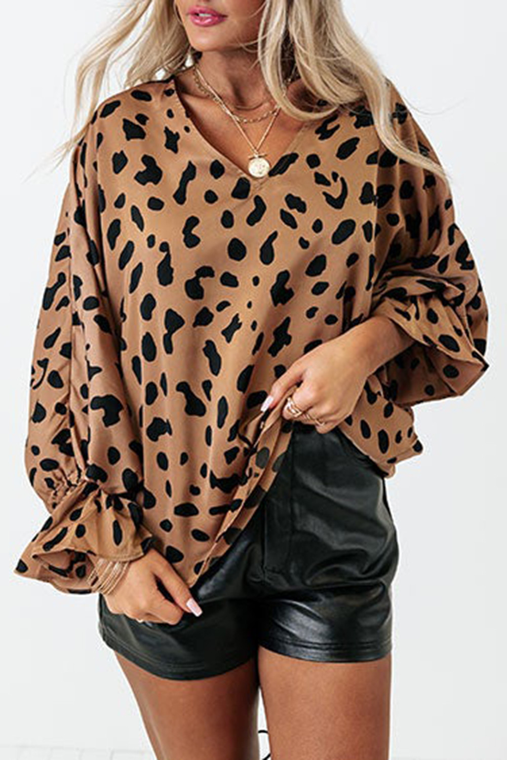 Cheetah Casual V Neck Ruffle Cuffs Loose Blouse | Shewin