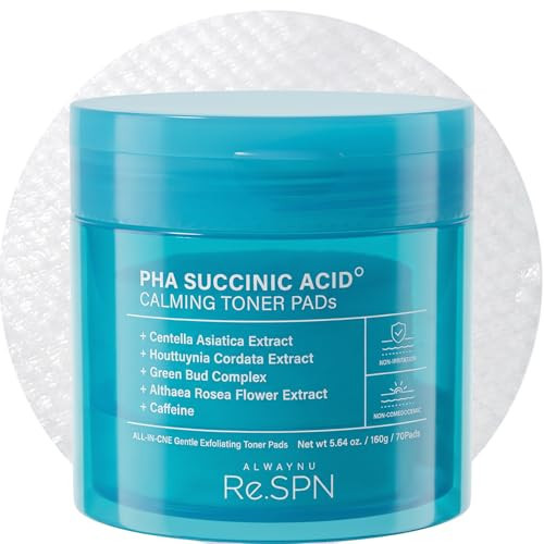 Re.SPN PHA Succinic Acid Calming Toner Pads – Daily Exfoliating Pads for Face, Hydrating and Soothing with Cica, Caffeine, Pore Minimizer, Non-comedogenic, Vegan, Glass Skin, K-Beauty (70 Count) | Amazon (US)