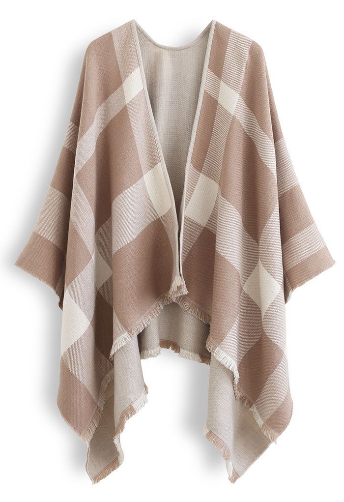 Single-Sided Check Print Reversible Poncho in Taupe | Chicwish