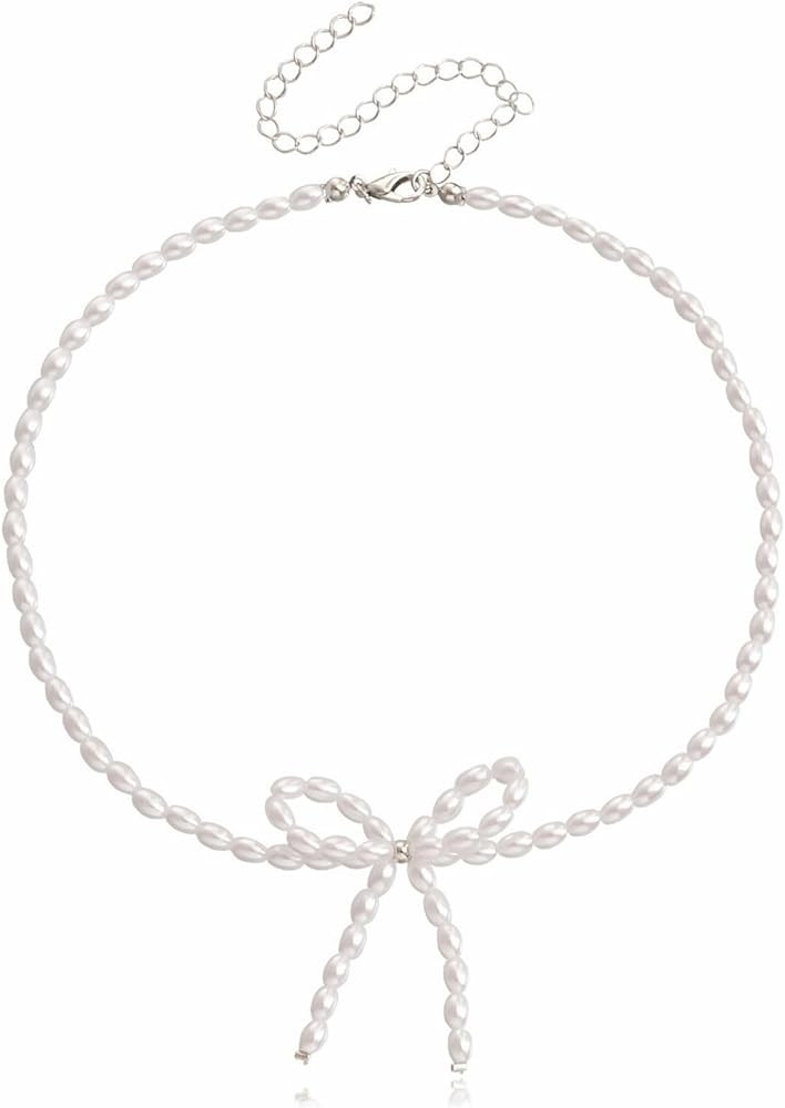 Boho Pearl Bow Choker Necklace Gold Silver Plated Vintage Round Bowknot Ribbon Bow Tie Pearl Bead... | Amazon (US)
