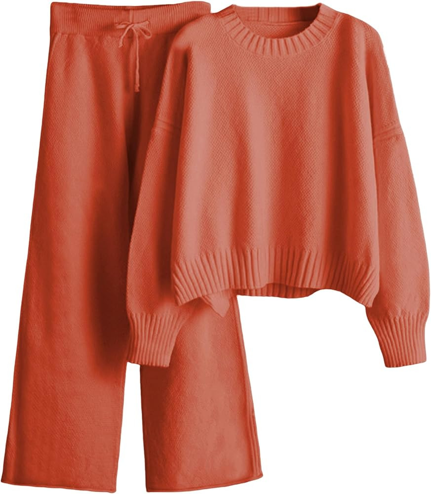 2 Piece Outfits for Women Sweater Sets Knitted Pullover Elastic High Waisted Pants Long Sleeve Lo... | Amazon (US)