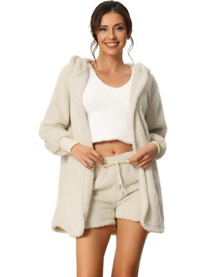 cheibear Women's Fuzzy Fleece Soft Coat Jacket and Crop Top with Shorts 3-Piece Pajamas Lounge Set White Small | Target
