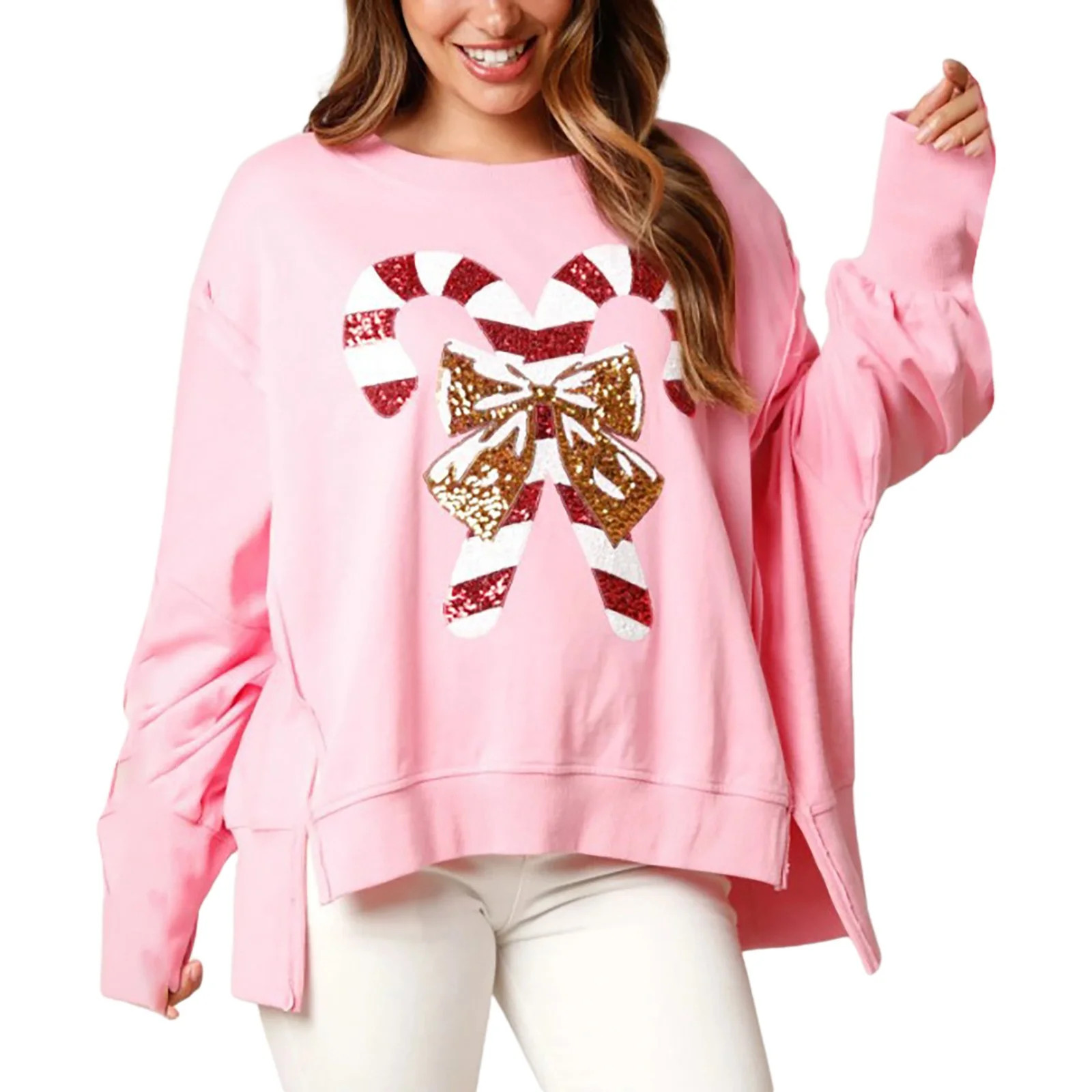 VNKIDY Women's Sweatshirt Fall Winter Christmas Sequin Candy Cane Bow Prints Oversized Sweatshirt... | Walmart (US)