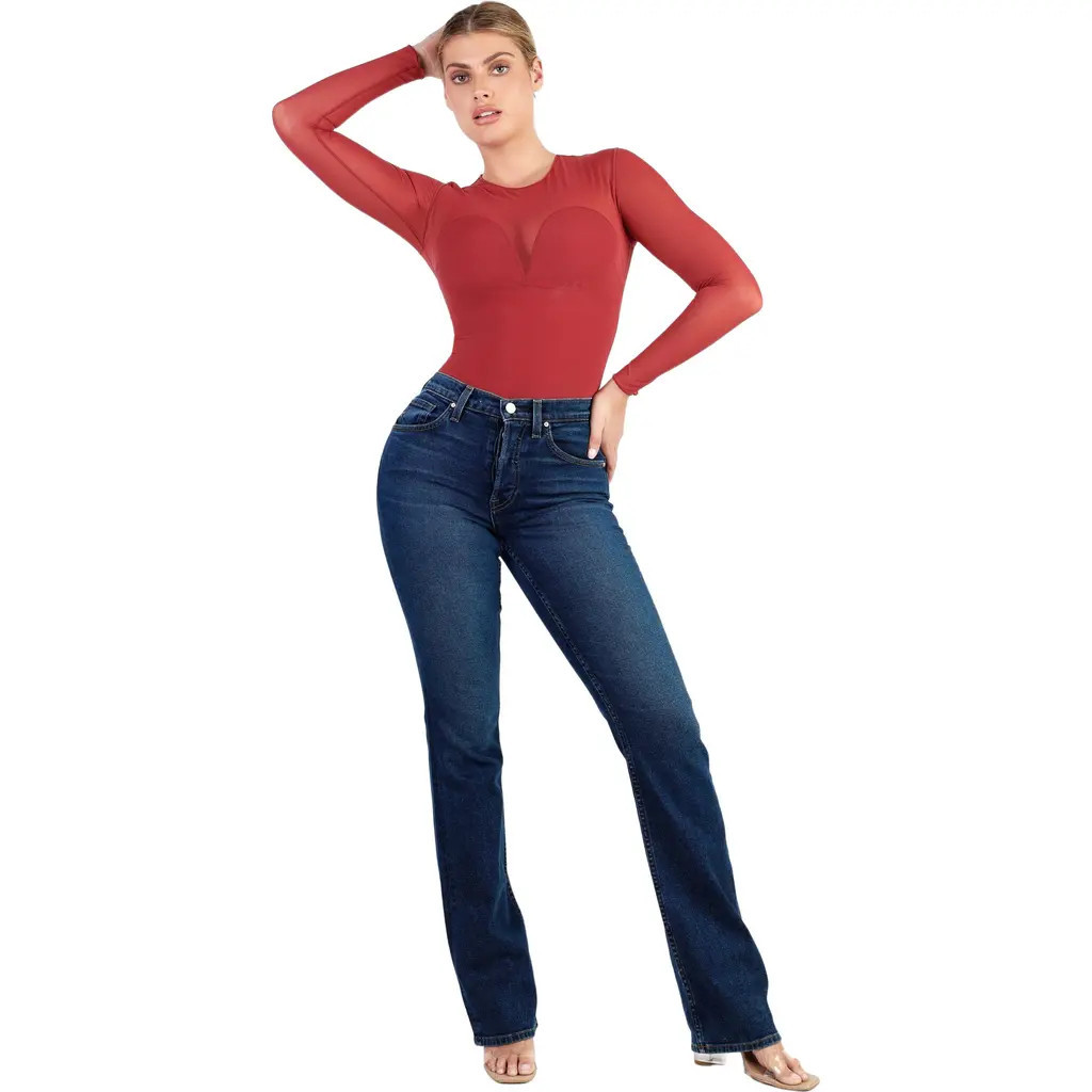 Popilush Shapewear Illusion Mesh Long Sleeve Tummy Control Bodysuit in Poppy Red at Nordstrom, Size Medium | Nordstrom