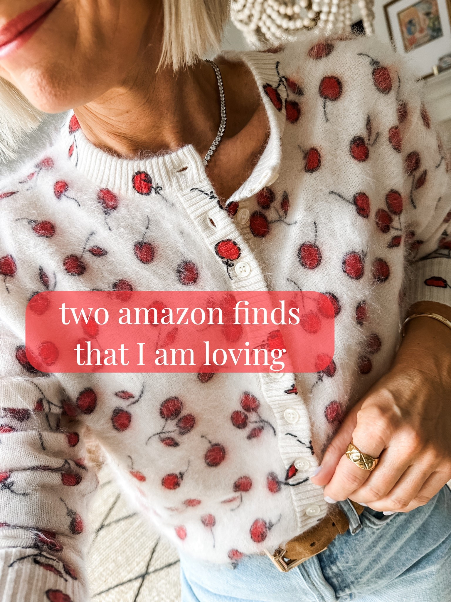 Two finds fro. Amazon that I’m loving
and a sweater  and on sale
Tennis necklace is so good! Does NOT flip 
Ring is a Chanel look alike that is so cute!
Cherry sweater in my true size xs- save more with code shopsale 

#LTKSaleAlert #LTKOver40