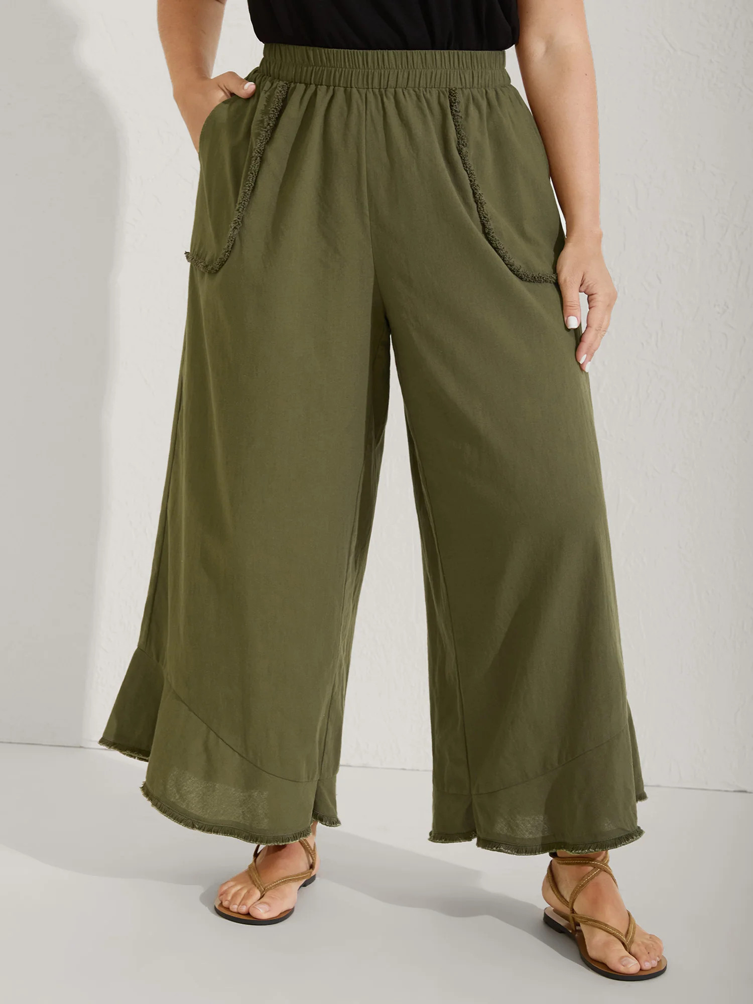 Stretchy Waist Frayed Hem Wide-Leg Pants | Bloomchic